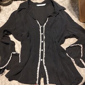 🖤🦢🖤Beautiful Vtg Semi-Sheer Black Creme Polka Dot Scalloped Lace Blouse - S/M